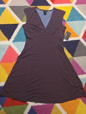 EnFocus Navy Coral Pink Dot Swing Sleeveless Dress Size 10 NWT
